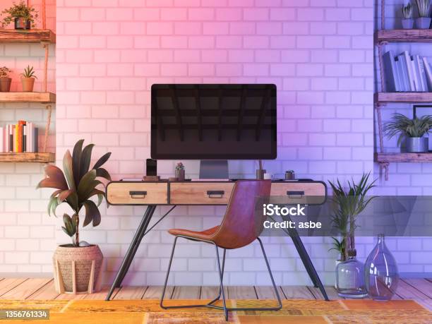 Cozy Workspace With Neon Lights Stock Photo - Download Image Now - Desk, Video Game, Computer