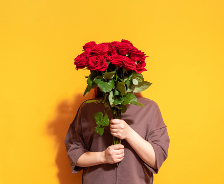 In female hands a bouquet of fresh red roses. The faceless trend. Yellow background. Selective focus.