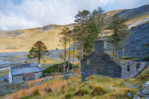 Digital painting of the abandoned Cwmorthin Slate Quarry at Blaenau Ffestiniog in Snowdonia, Wales