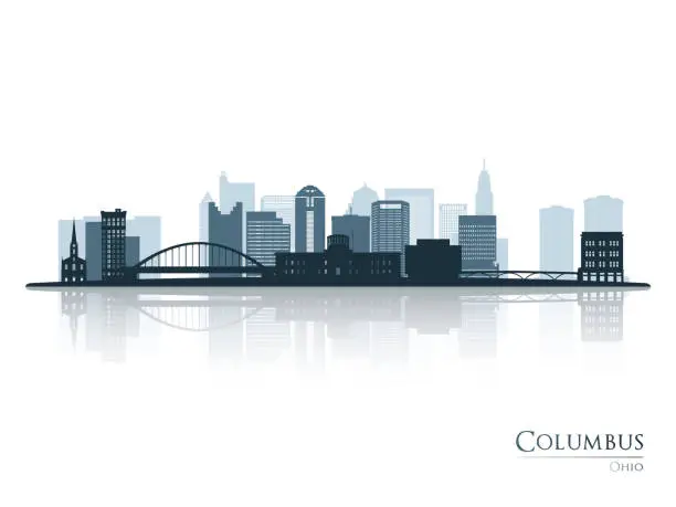 Vector illustration of Columbus skyline silhouette with reflection. Landscape Columbus, Ohio. Vector illustration.