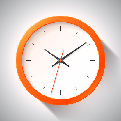Clock icon in realistic style, orange timer on gray background. Business watch. Vector design element for you project