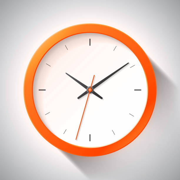 Clock icon in realistic style, orange timer on gray background. Business watch. Vector design element for you project Clock icon in realistic style, orange timer on gray background. Business watch. Vector design element for you project clock clipart stock illustrations