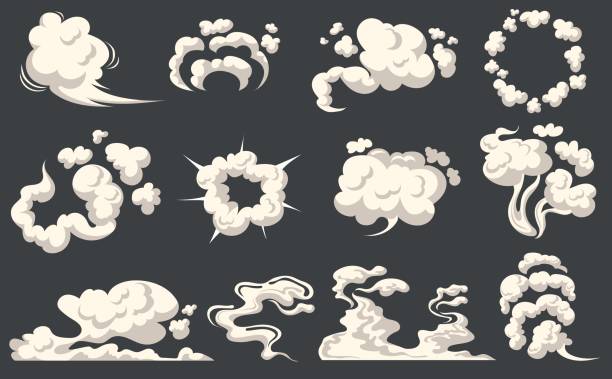 Cartoon dust clouds. Comic cloud shape, spray air smoke, fog road, explosion bomb, car gas, puff magic effect, steam wind silhouette, spooky fume smog Cartoon dust clouds. Comic cloud shape, spray air smoke, fog road, explosion bomb, car gas, puff magic effect, steam wind silhouette, spooky fume smog, neat gam explode bubbles. Vector illustration dust pollution stock illustrations