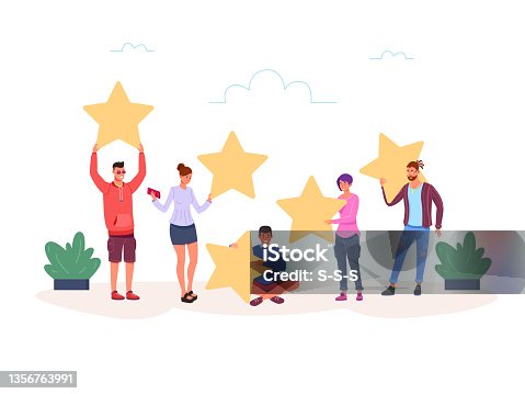 istock People giving stars. Customer feedback success rate, client service review, customers hold star, satisfaction rating, clients opinion, icon flat garish vector illustration 1356763991