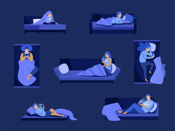 ilustrações de stock, clip art, desenhos animados e ícones de night phone in bed. people using mobile before sleep, woman with smartphone nightly bedroom, man cellphone addiction children watching device - bed bedroom cartoon furniture