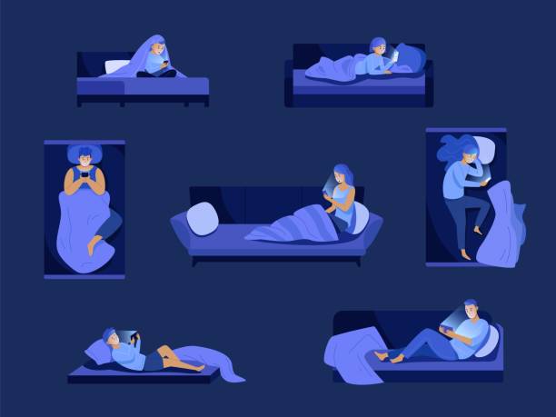 Night phone in bed. People using mobile before sleep, woman with smartphone nightly bedroom, man cellphone addiction children watching device Night phone in bed. People using mobile before sleep, woman with smartphone nightly bedroom, man cellphone addiction children watching device blanket vector illustration. Night phone in bed dark illustrations stock illustrations