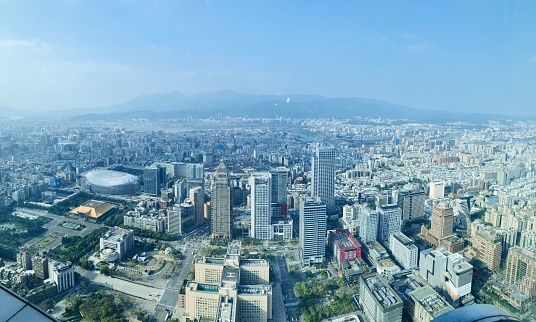 Taipei, Taiwan - the panoramic view of the Taipei city in northern Taiwan. The photo was taken from inside Taipei 101 building.