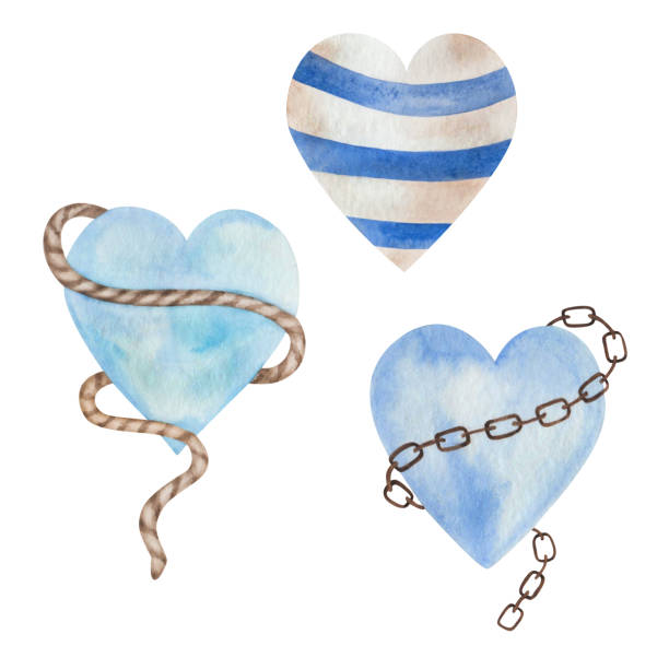 akwarelowa ilustracja ręcznie malowanych serc z łańcuchem, liną i pasiastymi niebieskimi i beżowymi. pojedyncze elementy clipart na lato, pocztówki walentynkowe, zaproszenia, tkaniny tekstylne, nadruk projektowy - heart shape line art valentines day love stock illustrations