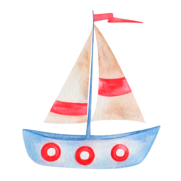 акварельная иллюстрация ручной росписи парусного корабля в синий, бежевый и красный цвета с парусами и флагом, выделенными на белом. морска - sailboat nautical vessel lake sea stock illustrations