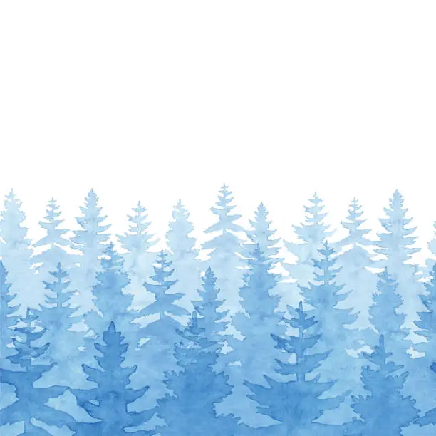 Vector illustration of Watercolor Blue Gradient Forest Seamless Pattern