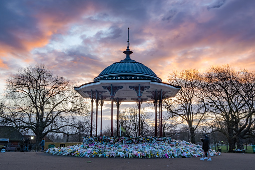 Clapham Common, London, UK - March 15, 2021: Clapham Common Bandstand with Sarah Everard Memorial and Tributes