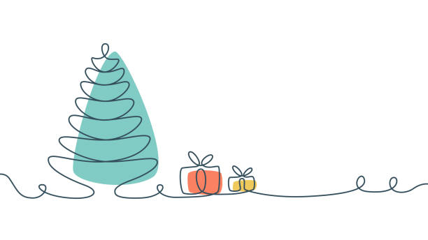 Christmas tree and gifts in one line art style vector art illustration