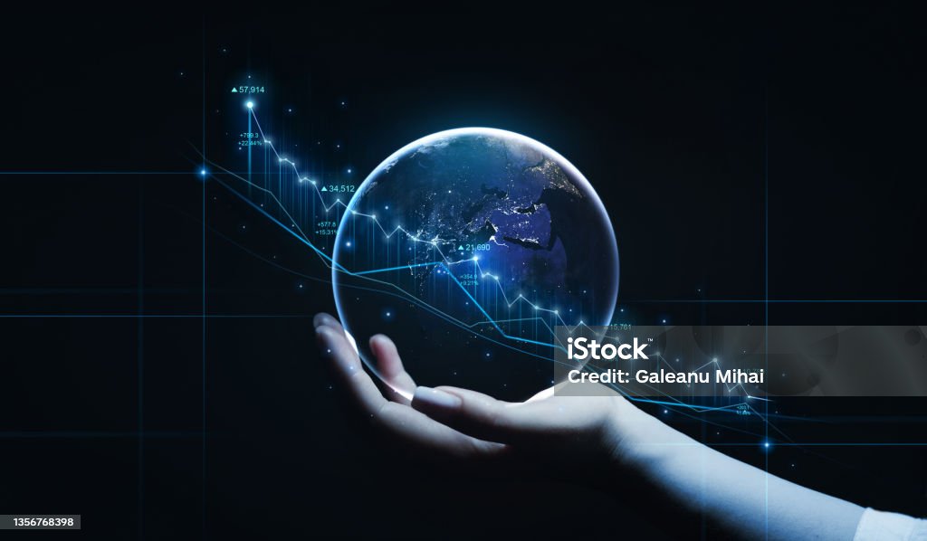 Elements furnished by NASA.
https://earthobservatory.nasa.gov/features/NightLights Global financial trading  business stock market chart. Finance graph trade and profit investment.Growth of cryptocurrencies and global stocks.Development to  success. Stock Market and Exchange Stock Photo