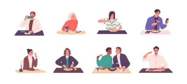Vector illustration of People eating food at tables set. Men and women having meal, breakfast, lunch and dinner. Characters with coffee, noodles, sushi and desserts. Flat vector illustrations isolated on white background