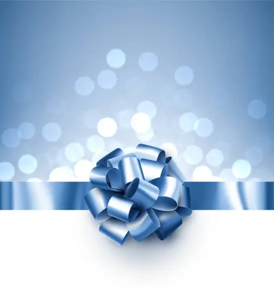Vector illustration of Blue foil ribbon with beautiful bow on blue bokeh background.