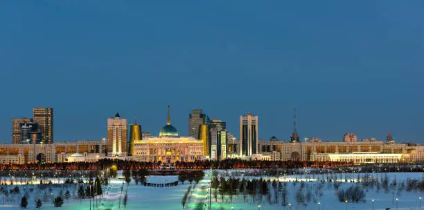 The capital of Kazakhstan, the city of Nur-Sultan, the presidential residence and administrative buildings on an early winter morning