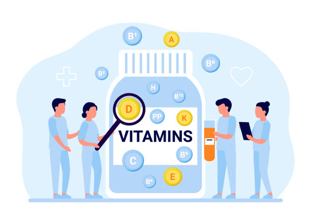 illustrations, cliparts, dessins animés et icônes de médecins avec pot de vitamines nutritionnelles, soins de santé complément alimentaire utile. développement de médicaments. différents types d’additifs alimentaires. illustration vectorielle - nutritional