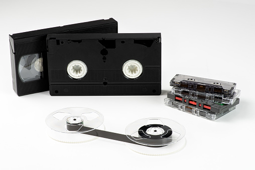 Audio and video cassette tape on white background.Audio and video cassette tape - vintage style.