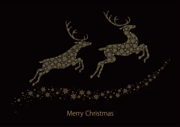 Vector illustration of Christmas Symbol Reindeer Silhouette With Snowflake Pattern Isolated On A Black Background.