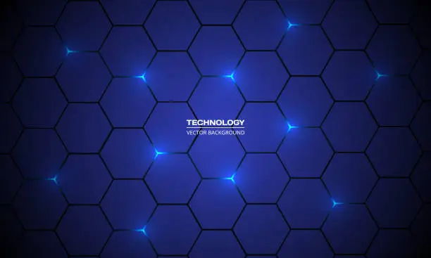 Vector illustration of Dark blue hexagon technology futuristic abstract modern background, blue honeycomb texture grid.