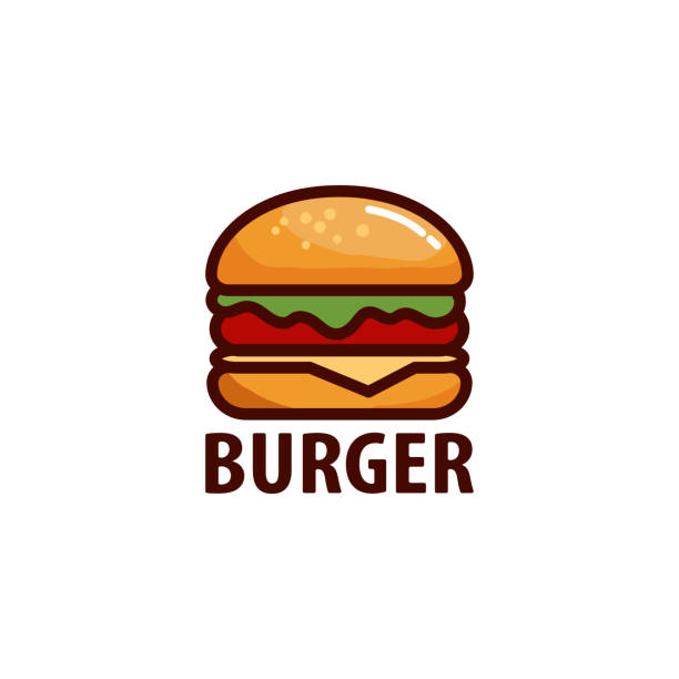 köstliche burger flache logo icon aufkleber vektor - burger stock-grafiken, -clipart, -cartoons und -symbole