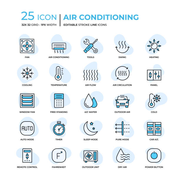 bildbanksillustrationer, clip art samt tecknat material och ikoner med air conditioning flat style line icons - ventilation
