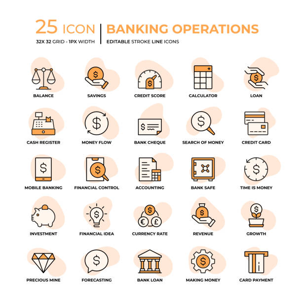 Banking Operations Flat Style Line Icons Banking Operations Editable Stroke Line Icons in Flat Style. Trendy Colors with unique style coin bank stock illustrations