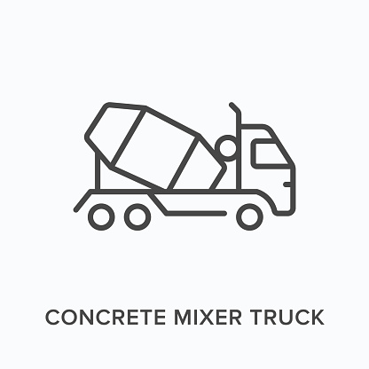 Concrete mixer truck flat line icon. Vector outline illustration of cement transportation. Black thin linear pictogram for building industry.