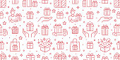 istock Gifts gold seamless pattern. Vector on white background included line icons as box, surprise, courier, delivery, courier, paper bag, , hand, birthday outline pictogram for christmas present 1356779177