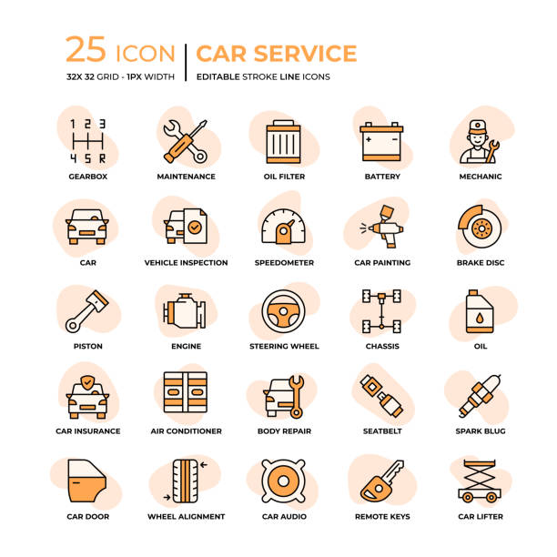 illustrations, cliparts, dessins animés et icônes de icônes de ligne de style plat car service - vehicle door illustrations