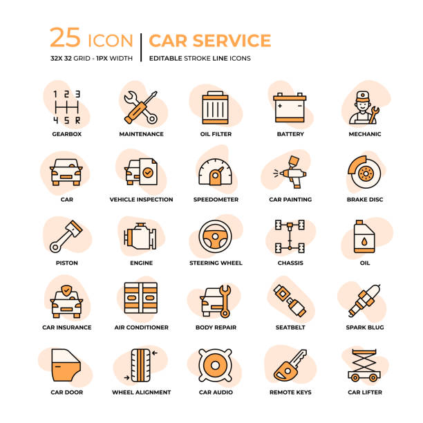 car service flat style line ikony - brake car repairing auto repair shop stock illustrations