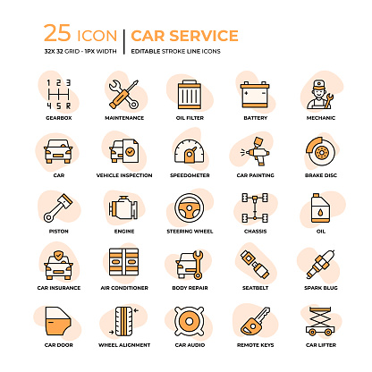 Car Service Editable Stroke Line Icons in Flat Style. Trendy Colors with unique style