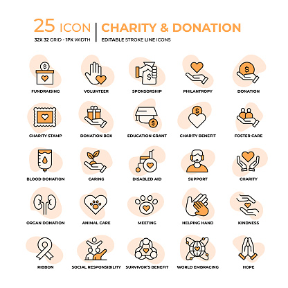 Charity And Donation Editable Stroke Line Icons in Flat Style. Trendy Colors with unique style