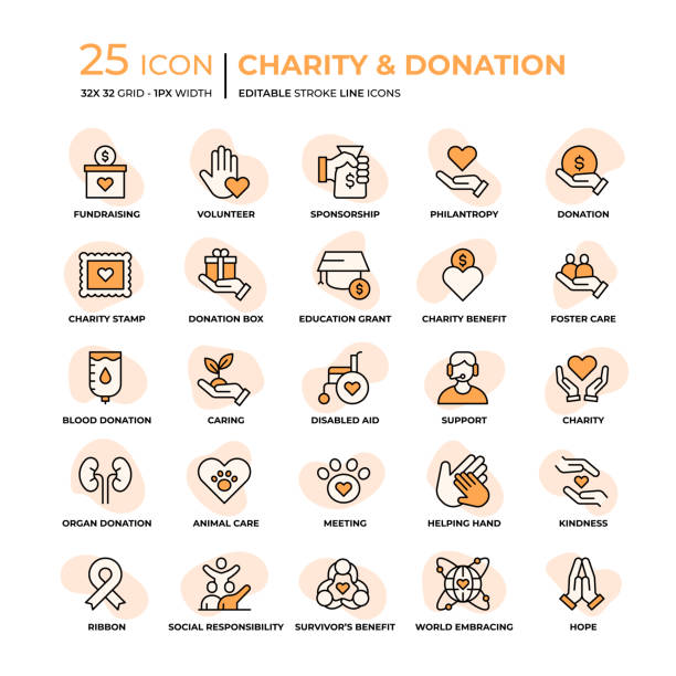 Charity And Donation Flat Style Line Icons Charity And Donation Editable Stroke Line Icons in Flat Style. Trendy Colors with unique style flat design icons stock illustrations
