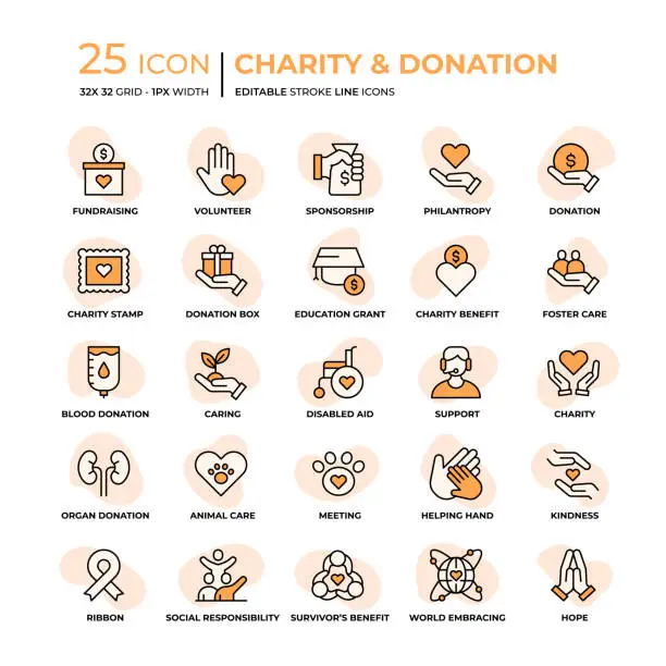 Vector illustration of Charity And Donation Flat Style Line Icons