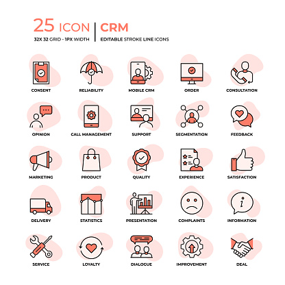 Customer Relationship Management Editable Stroke Line Icons in Flat Style. Trendy Colors with unique style