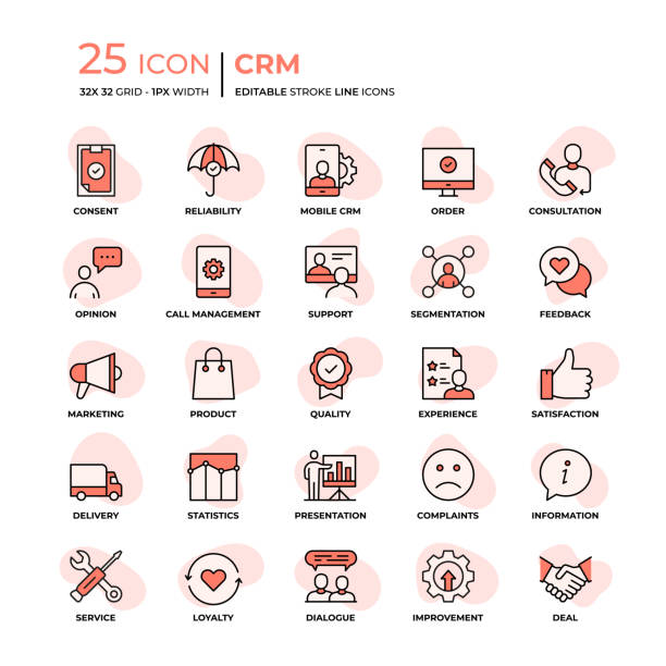 Customer Relationship Management Editable Stroke Line Icons in Flat Style. Trendy Colors with unique style