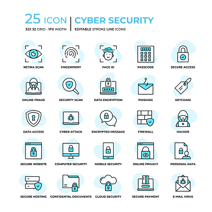 Cyber Security Editable Stroke Line Icons in Flat Style. Trendy Colors with unique style