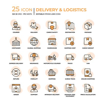 Delivery And Logistics Editable Stroke Line Icons in Flat Style. Trendy Colors with unique style