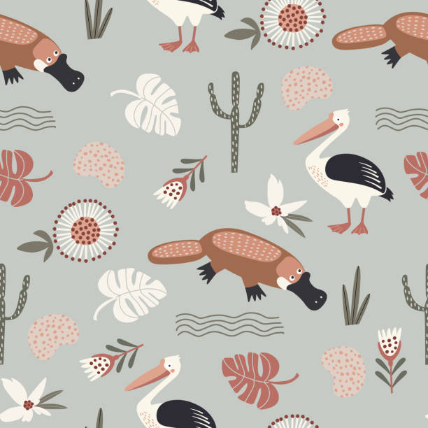 seamless pattern with vector illustrations of plants and australian animals, platypus and pelican. animalistic background for kids design seamless pattern with vector illustrations of plants and australian animals, platypus and pelican. animalistic background for kids design duck billed platypus stock illustrations