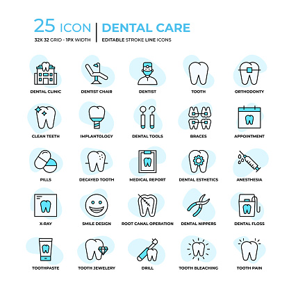 Dental Care Editable Stroke Line Icons in Flat Style. Trendy Colors with unique style