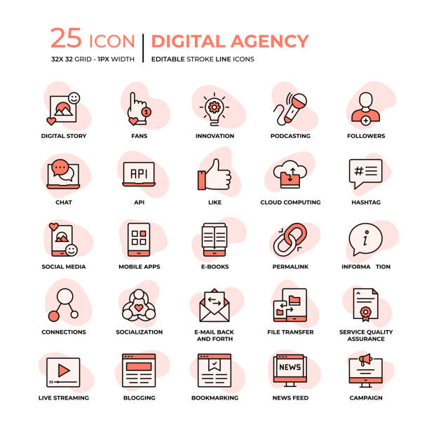 Digital Agency Flat Style Line Icons Digital Agency Editable Stroke Line Icons in Flat Style. Trendy Colors with unique style news feed icon stock illustrations