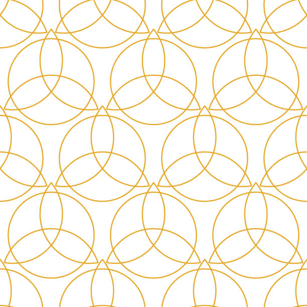 トリケトラサイン、ケルトの結び目のアイコンとシームレスなパターン。ラインアート。白い背景にゴールドカラーの三角形のケルトのシンボル。ラッピングに印刷するためのモダンなデザ� - triquetra点のイラスト素材／クリップアート素材／マンガ素材／アイコン素材