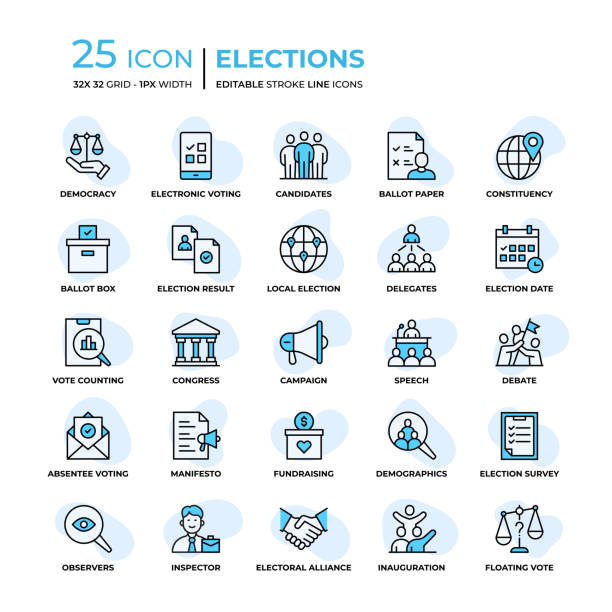 Elections Flat Style Line Icons Elections Editable Stroke Line Icons in Flat Style. Trendy Colors with unique style electronic voting stock illustrations