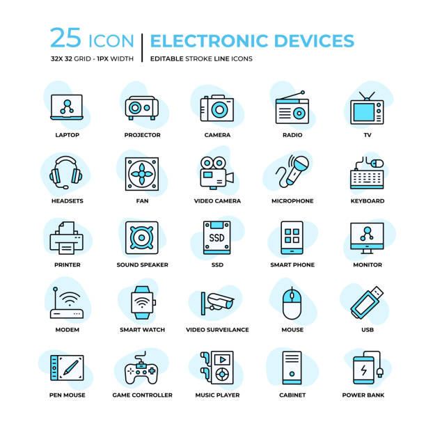 elektronische geräte flat style line icons - gamer video game video computer stock-grafiken, -clipart, -cartoons und -symbole