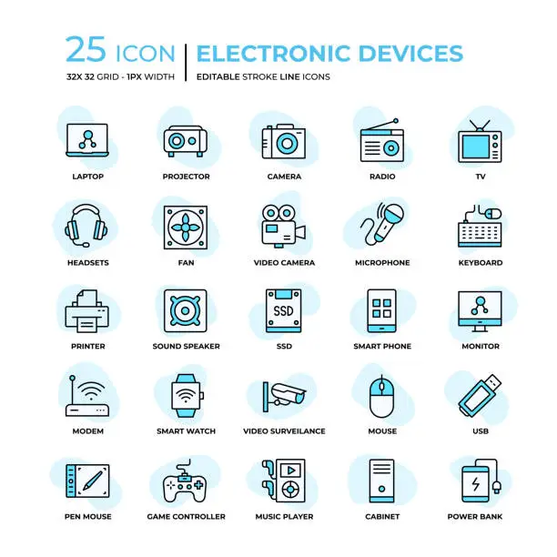 Vector illustration of Electronic Devices Flat Style Line Icons