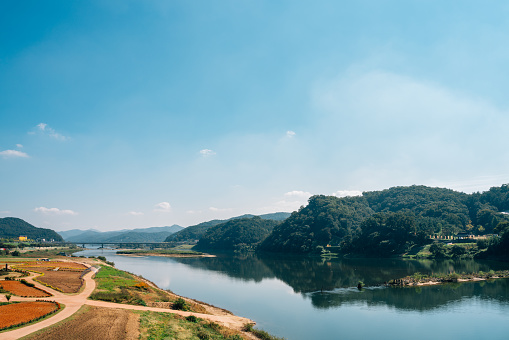 View of Geumgang river park Mir island and Gongsanseong fortress in Gongju, Korea