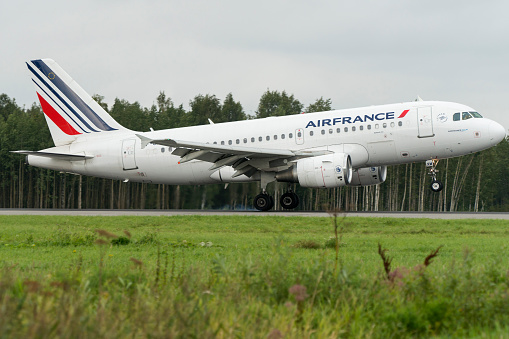 Saint Petersburg-Russia-28.09.2021: Air france plane at Pulkovo airport. Aviation industry infrastructure.