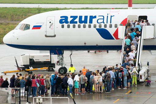 Saint Petersburg-Russia-28.09.2021: Azurair plane at Pulkovo airport. Aviation industry infrastructure.