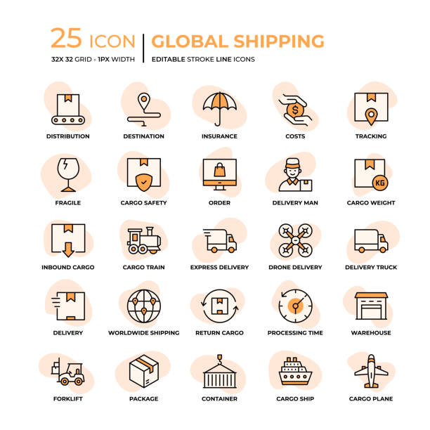 ilustraciones, imágenes clip art, dibujos animados e iconos de stock de iconos de línea plana de envío global - document shipping freight transportation form